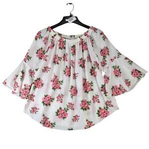 NWT One More Thyme Pink Roses White Blouse Women's Plus 3X Flared Sleeve Peasant